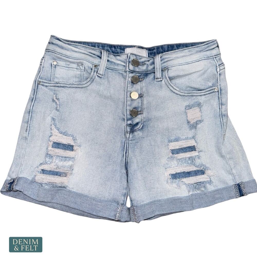 Petra‎ 153 High Rise Button Fly Denim Shorts Light Wash Distressed Cuffed 7/27